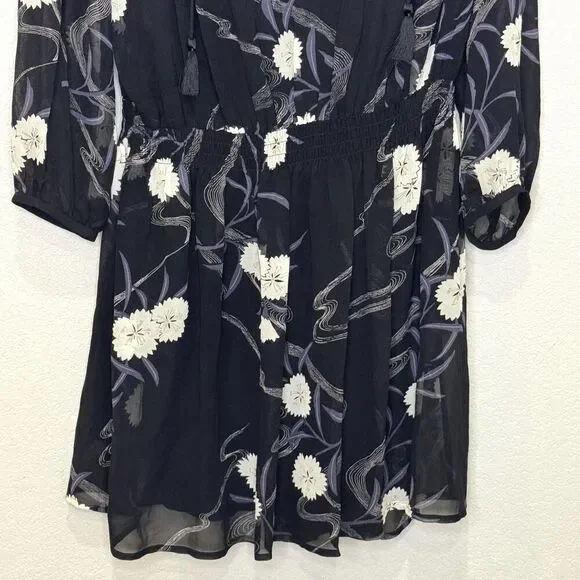 Club Monaco Roanna Dress Womens 4 Black Floral Silk Long Sleeve Mini Boho Chic - Picture 6 of 14